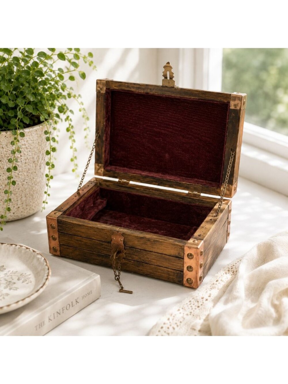 Wooden Treasure Chest W/ Copper Accents & Key Lock 9"x5"x4.5" Rustic Vintage-Sty